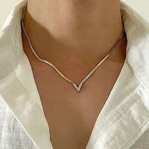 Sterling Silver V Shaped Necklace Flat Clavicle Herringbone Choker